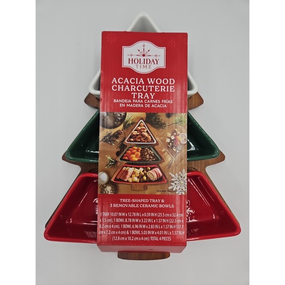 Holiday Time Other - Holiday Time Acacia‎ Wood Christmas Tree Charcuterie Tray with Ceramic Bowls NEW